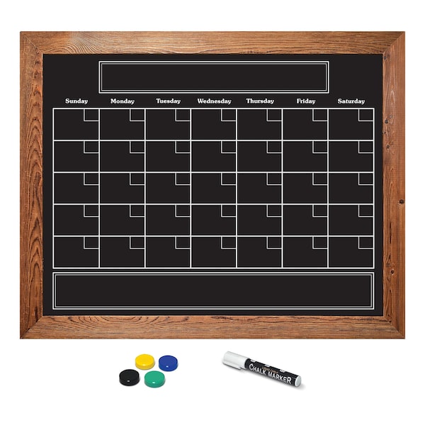 Better Office Products Magnetic Wall Chalkboard Monthly Calendar, Rustic Wood Frame, 24in. x 30in. W/Chalk Marker & Magnets 00830 - main